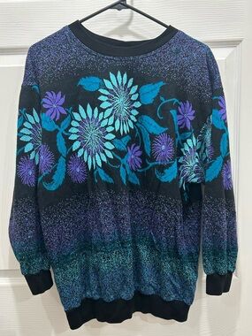 Vintage Top Notch Floral Crewneck Sweater - Black with Teal & Purple